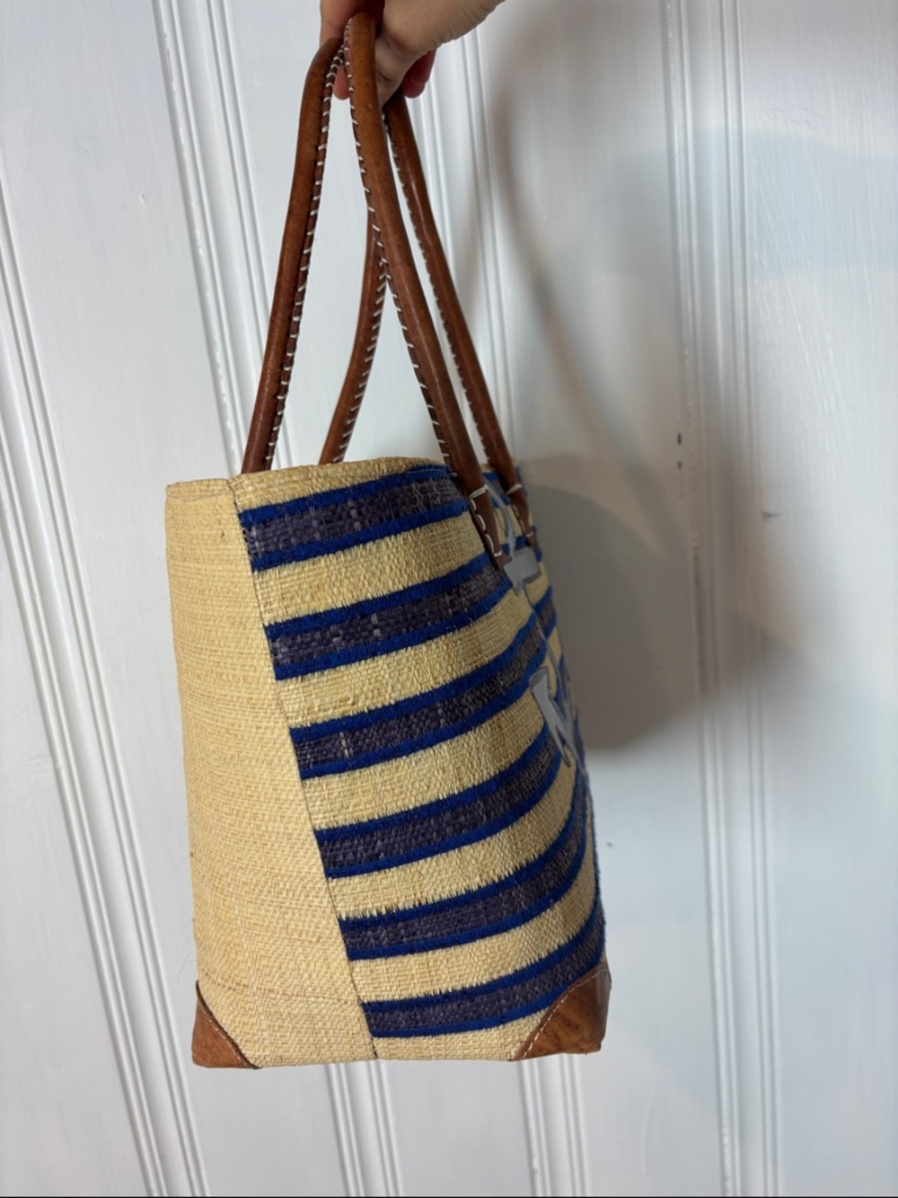 Nautical Straw Tote Bag / Beach Tote w/ Anchor Appliqué - Picture 2 of 10